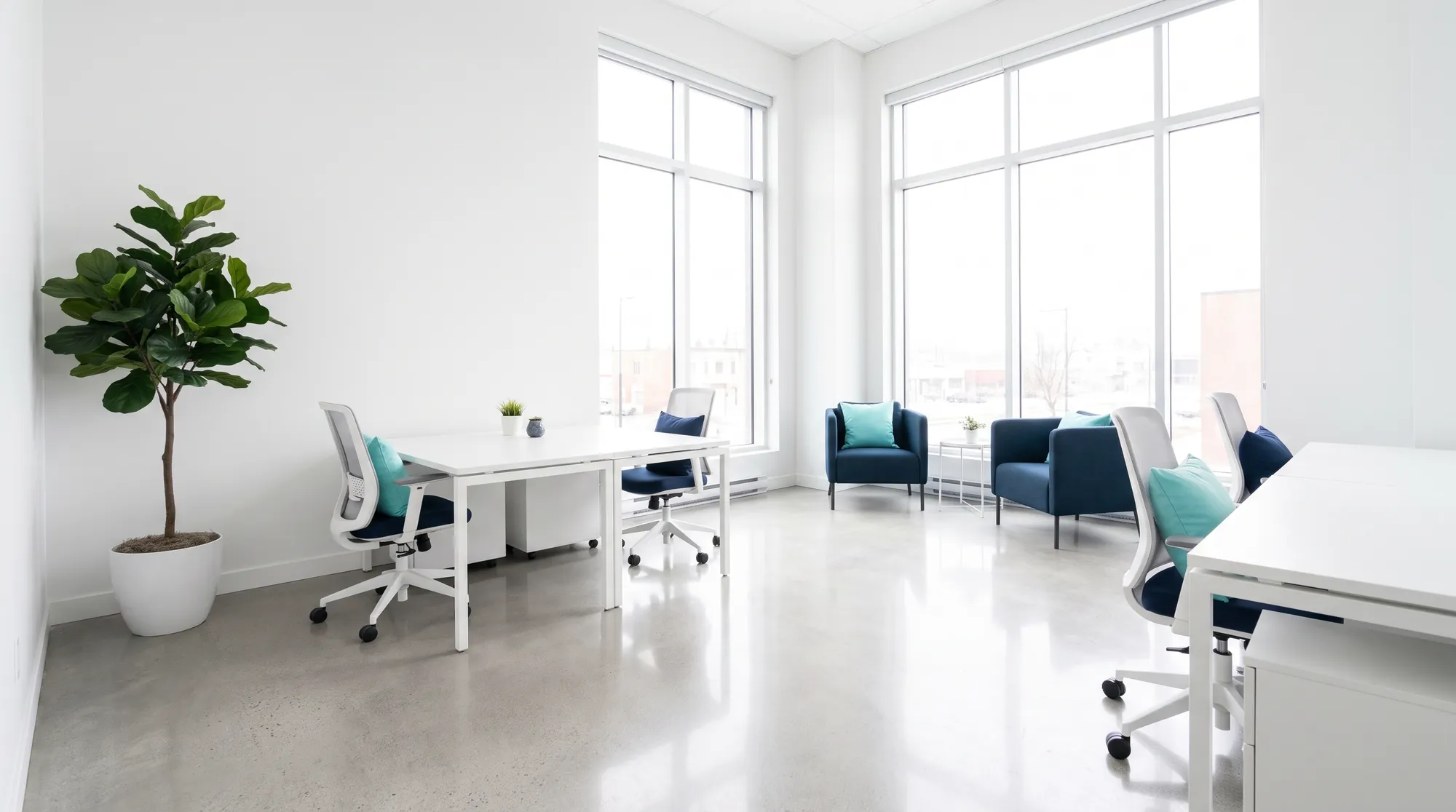 Le même bureau après le nettoyage : plancher propre et brillant, bureaux dégagés